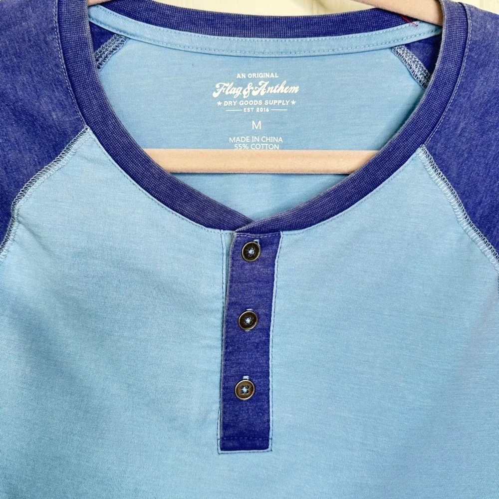 Flag & Anthem‎ Mens Henley Raglan Short Sleeve T-Shirt Blue Colorblock Size Med